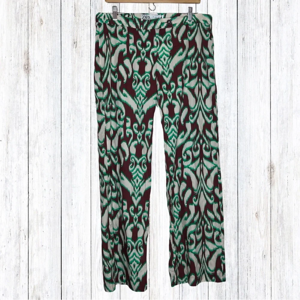 New Zara Selena Cotton Tropical Wide Flare Pant Midrise Green Brown Boho Large - Picture 2 of 10